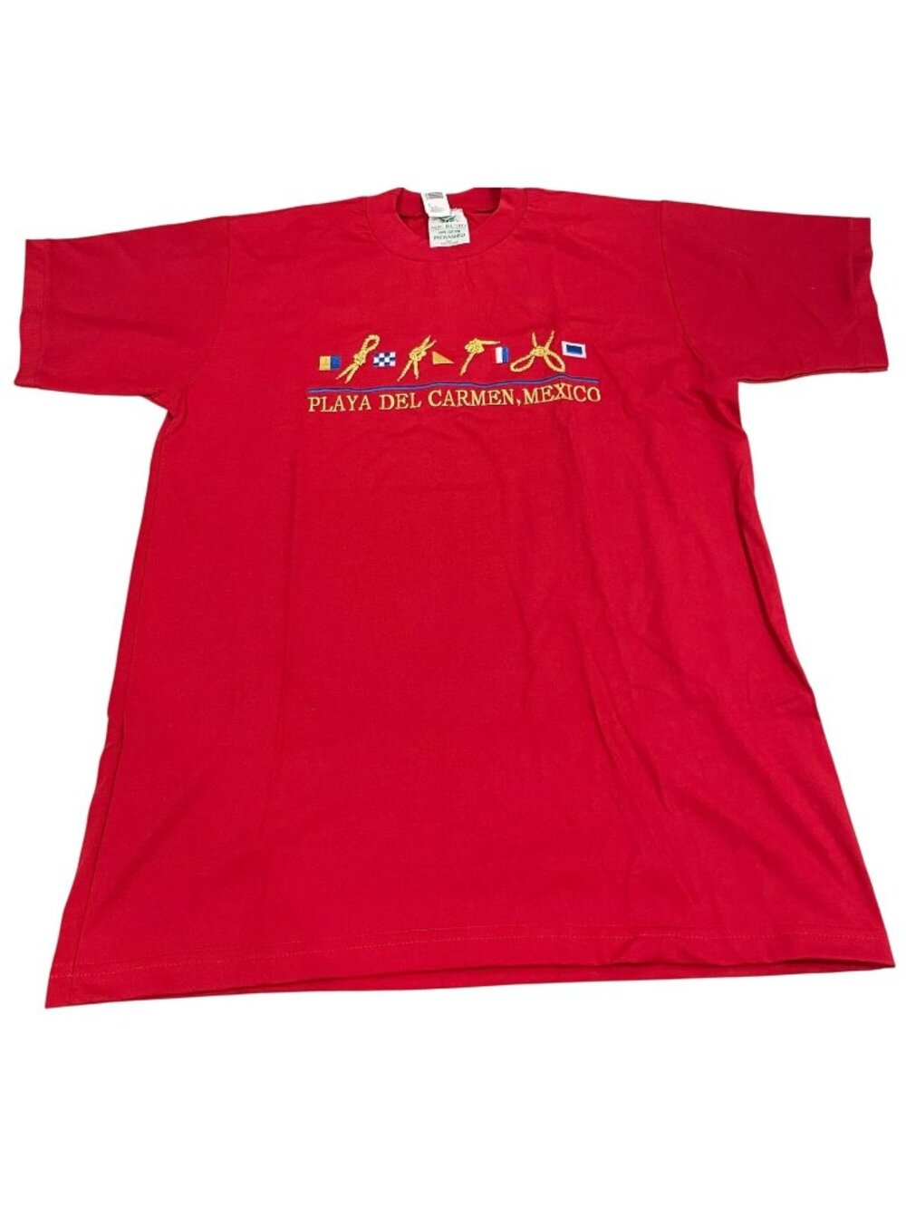 Vtg 90s Tourist Cotton T-Shirt M Red Embroidered Nautical Flag Coastal Mexico